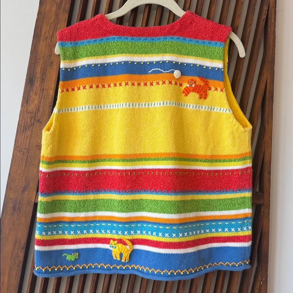 Susan Bristol Yellow Multi Striped cotton blend Knit Vest with Cats, Fish - Picture 2 of 4